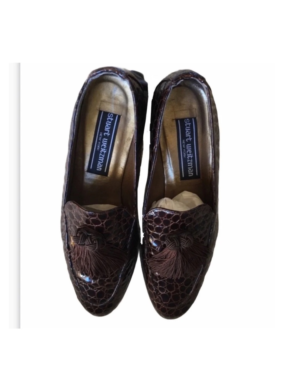 Stuart Weitzman Dark Brown Croc-Embossed Tassel Loafers 9M